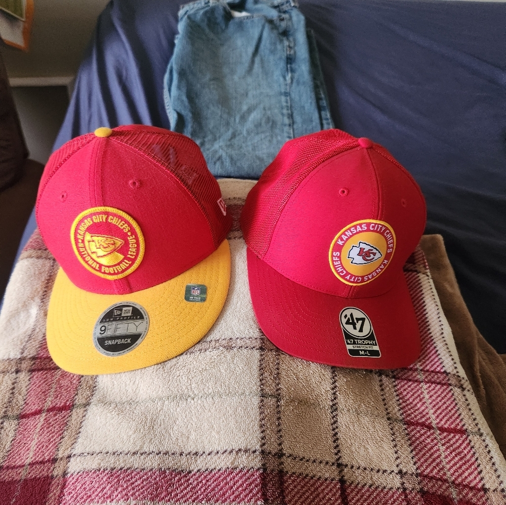 2 Kansas City Chiefs New Era Red and Yellow Caps like new snapback